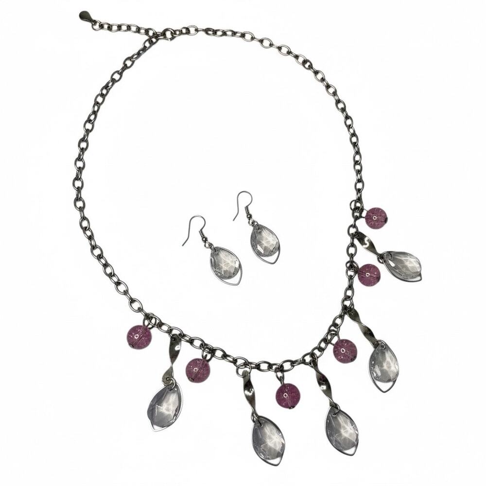 Vintage Silver Tone Necklace & Earrings Set Pink Glass Beads Teardrop Charms